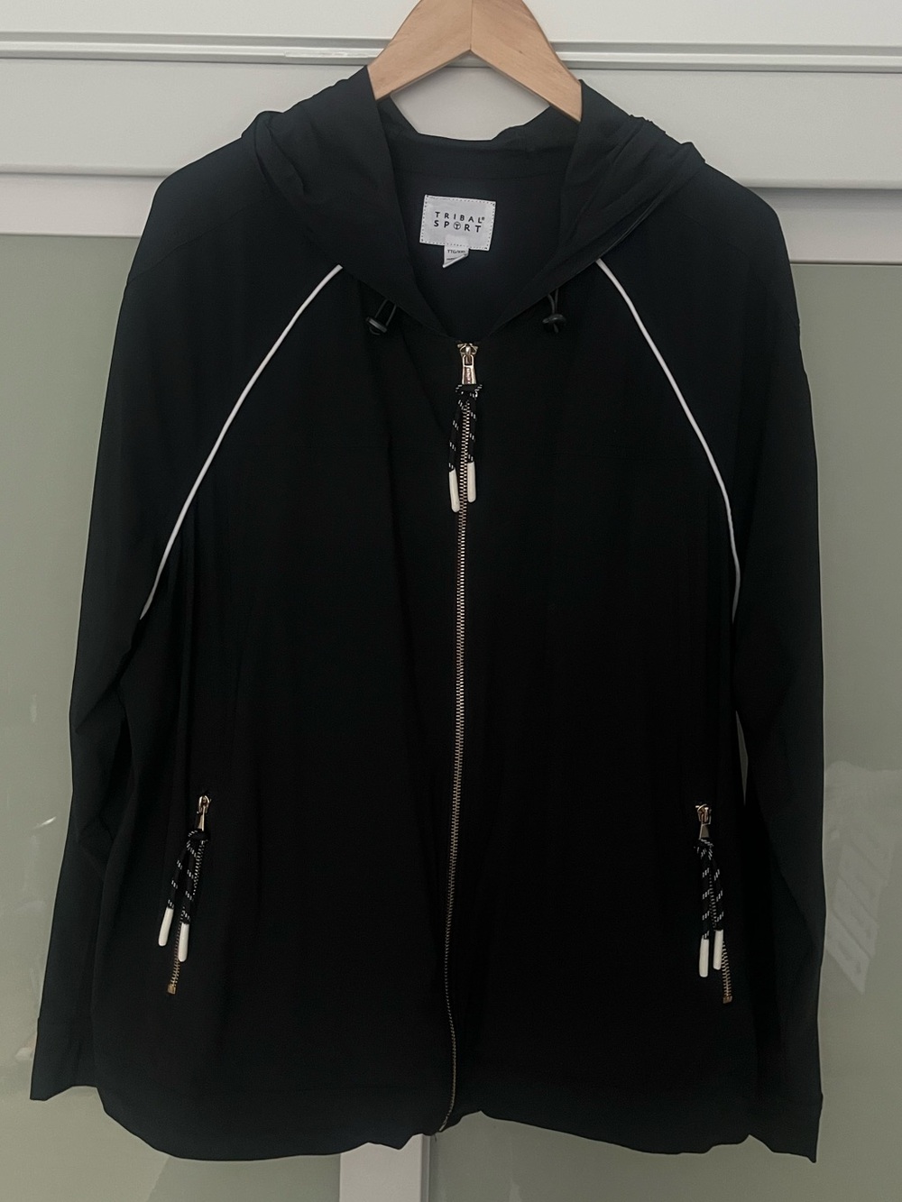 Tribal Sport Black Hooded Zip-Front Jacket with White Piping and Gold Accents